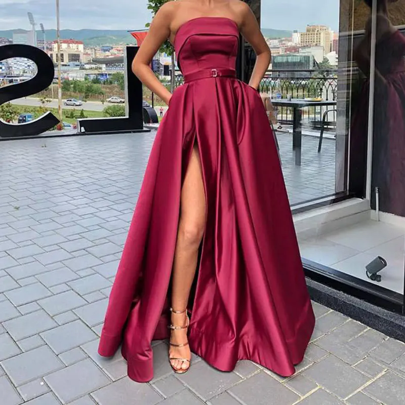 Новое поступление, вечерние платья для выпускного вечера, Vestido de Festa, розовое атласное сексуальное длинное платье без бретелек, торжественное платье - Цвет: Burgundy