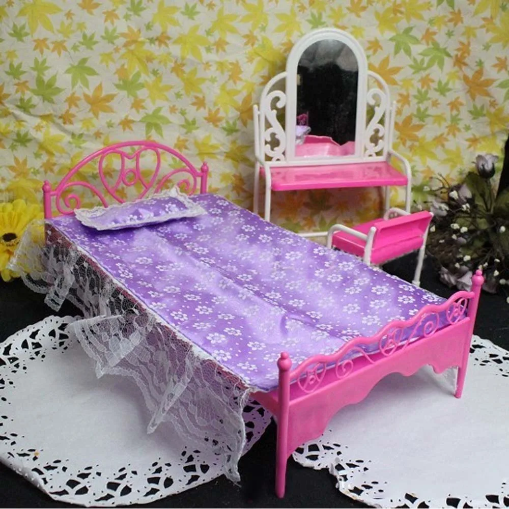 Kids Mini Pink Doll Single Sleep Bed Lace Print Bed Sheet Pillow Bedroom Furniture Dollhouse Accessories for Barbie Dolls Toy Kids Mini Pink Doll Single Sleep Bed Lace Print Bed Sheet Pillow Bedroom Furniture Dollhouse Accessories for Barbie Dolls Toy