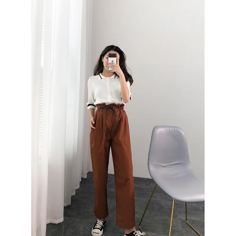 

women spring pants loose paper bag pants Tall waist Casual pants overalls Spring 2019 style plus-size Harem pants Straight leg
