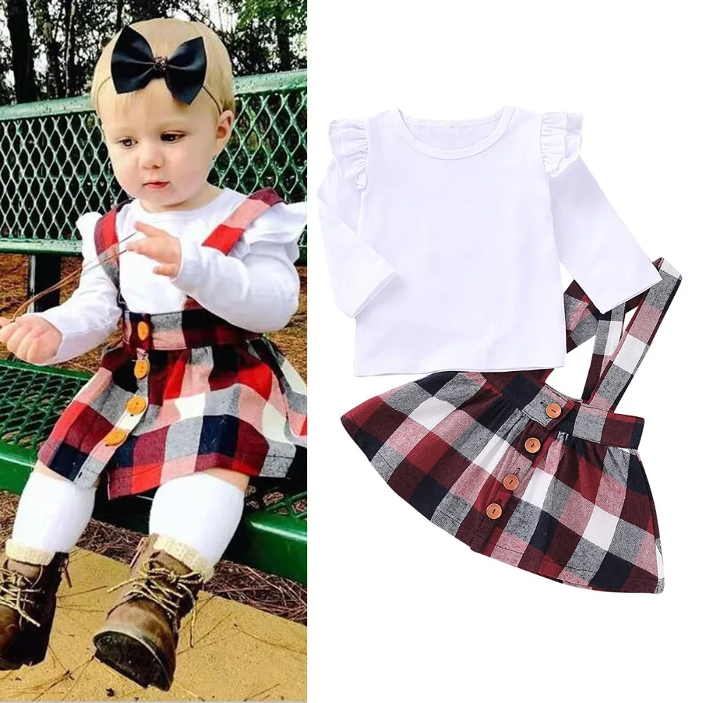 

Children's Clothing Girls Outfits Shirt Strap Plaid Dress Suit Autumn Toddler Kids Long Sleeve Shirt Suspender Skirt Overalls