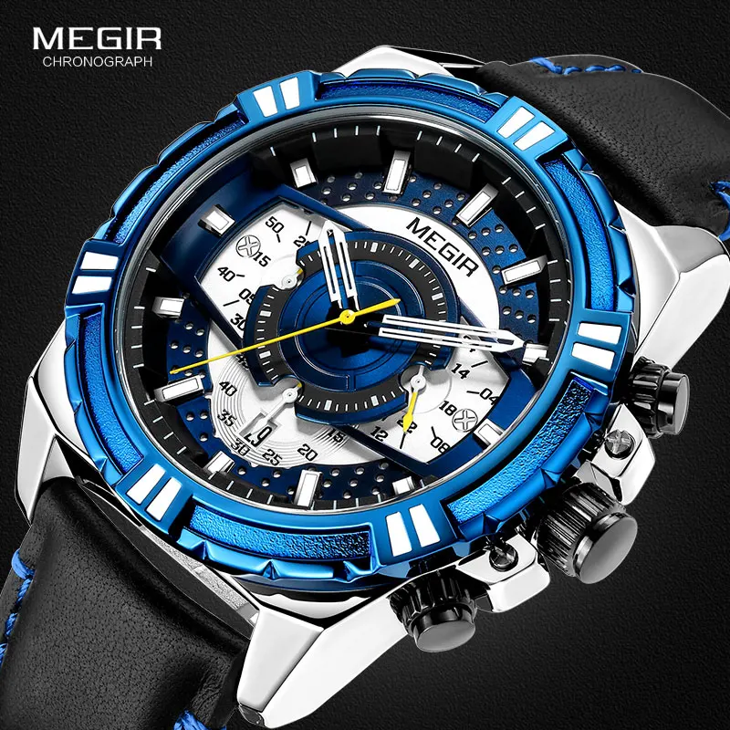 

MEGIR Men's Leather Strap Army Sports Casual Watches Waterproof Luminous Army Wristwatch Man Relogios Masculino Clock 2118 Blue