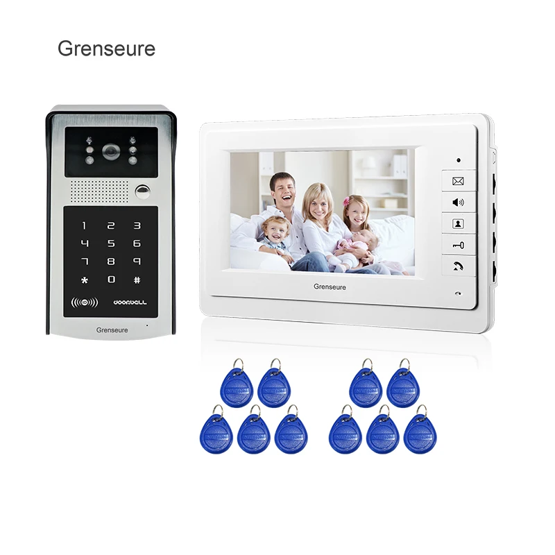 

FREE SHIPPING New 7" LCD Video Intercom Door Phone System 1 Monitor + Outdoor RFID Code Keypad Doorbell Camera + Remote In Stock