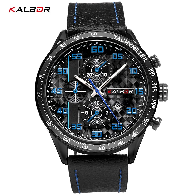 

KALBOR Men Watches Sport Leather Top Brand Luxury Mens wrist watch Auto Date Clock Male Watch Waterproof Small Dials Decoration