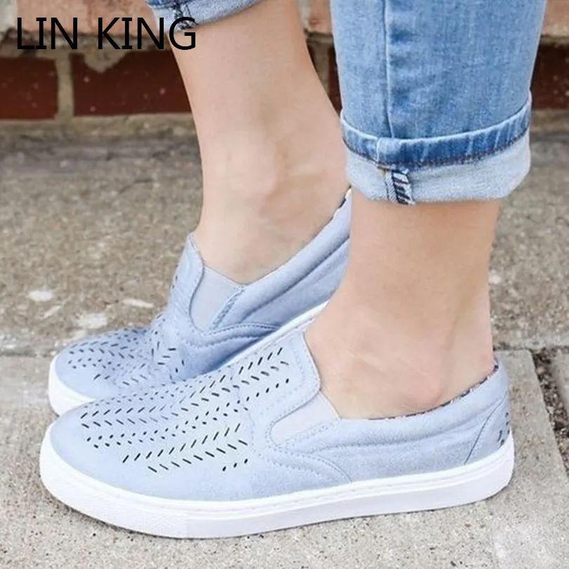 

LIN KING Big Size 43 Women Flats Canvas Shoes Breathable Pierced Round Toe Casual Loafers Outdoor Slip On Lazy Summer Sneakers