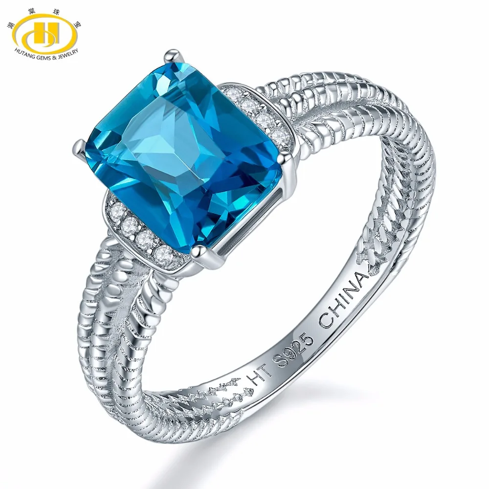 Hutang Engagement Ring Natural Gemstone London Blue Topaz Solid 925 Sterling Silver Black Oxidized Fine Stone Jewelry For Women Hutang Engagement Ring Natural Gemstone London Blue Topaz Solid 925 Sterling Silver Black Oxidized Fine Stone Jewelry For Women