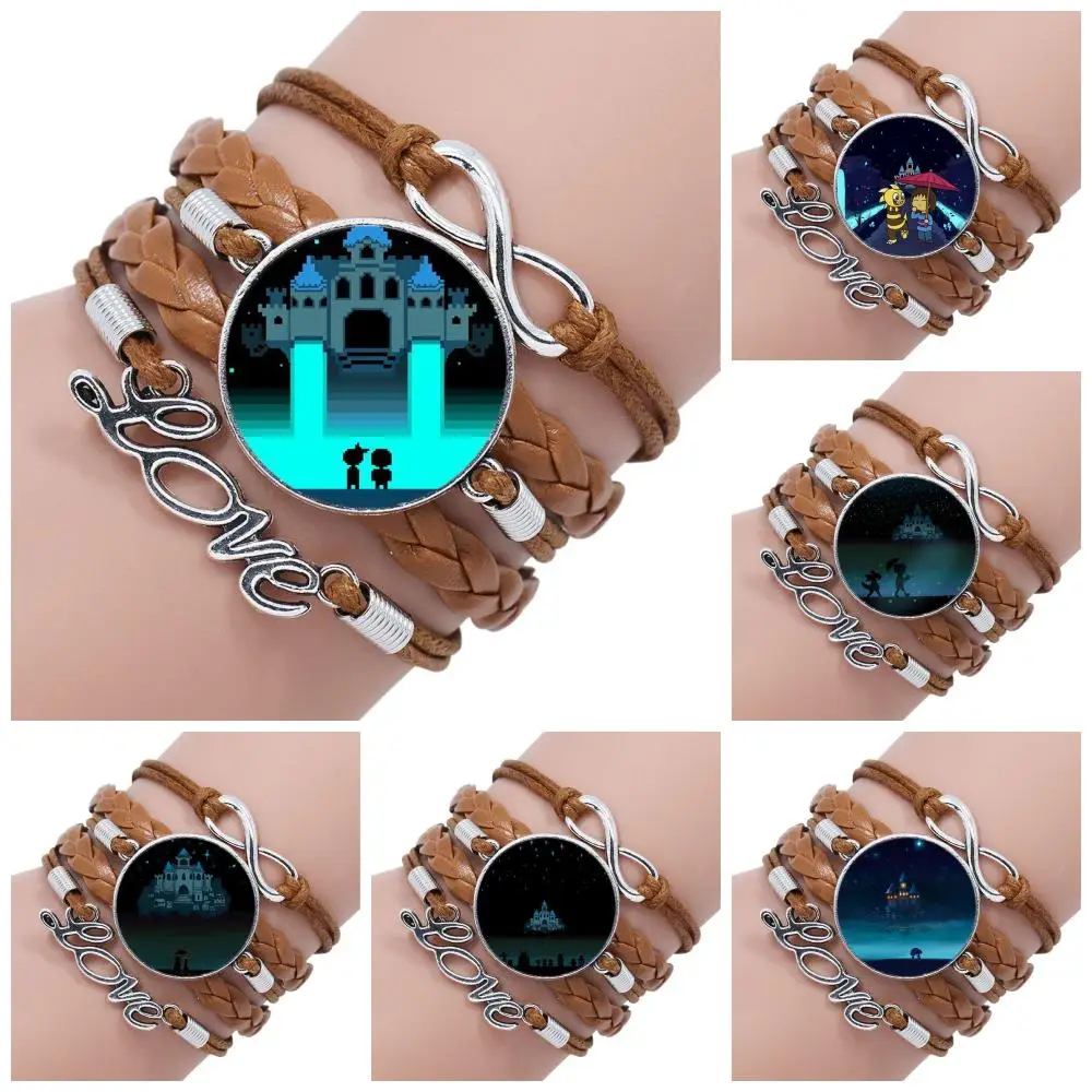

Hip Hop Jewelry Wiht Glass Cabochon Multilayer Black/Brown Leather Bracelet Bangle For Women Kids Undertale Castle Game Gaming
