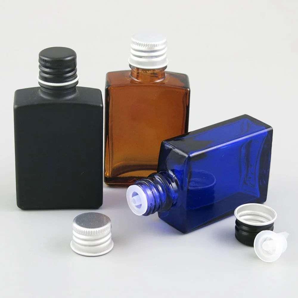 

10pcs/lot 1oz 30ml Flat Square Glass Essential Oil Bottle with Aluminum Cap Amber Clear Blue White Perfume Bottle Container