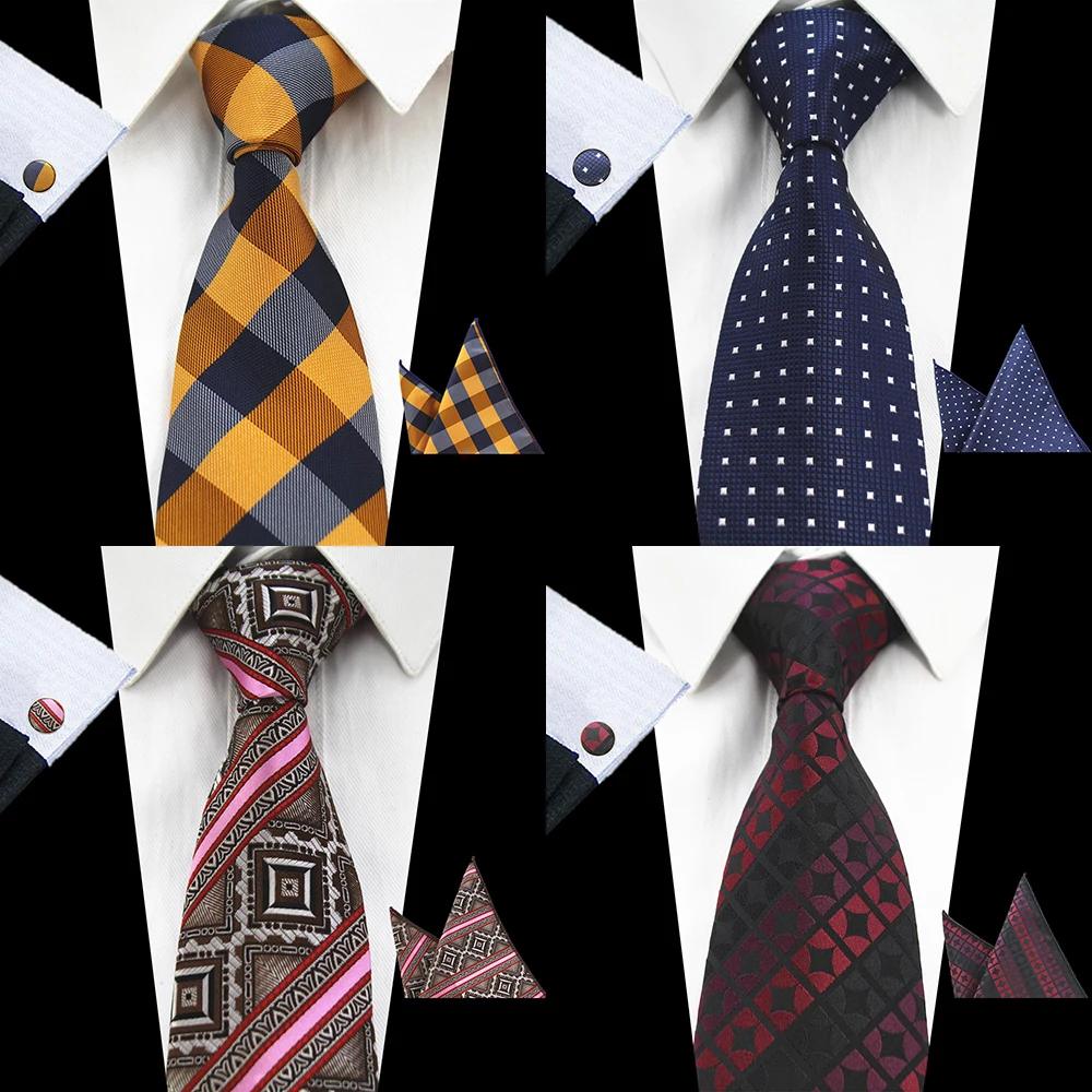

JEMYGINS Brand New Plaid Silk Tie Jacquard Woven Paisley Necktie Gravata Handkerchief Cufflinks Set Pocket Square Men Tie