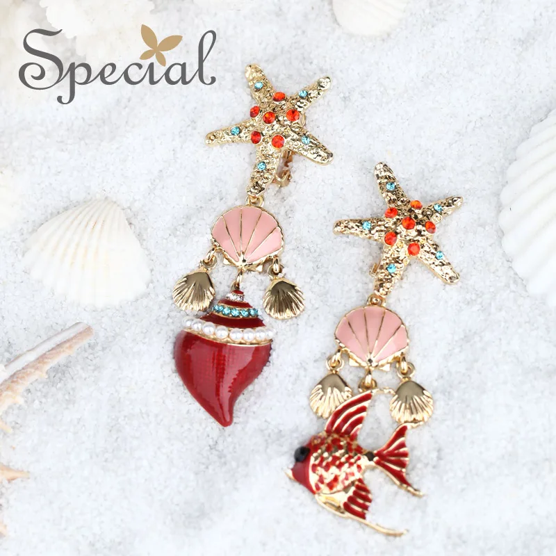 

Special Fashion Gold Shell Drop Earrings Luxurious Ear Clip Rhinestones Enamel Earrings Sea Style Jewelry for Women EJ0013