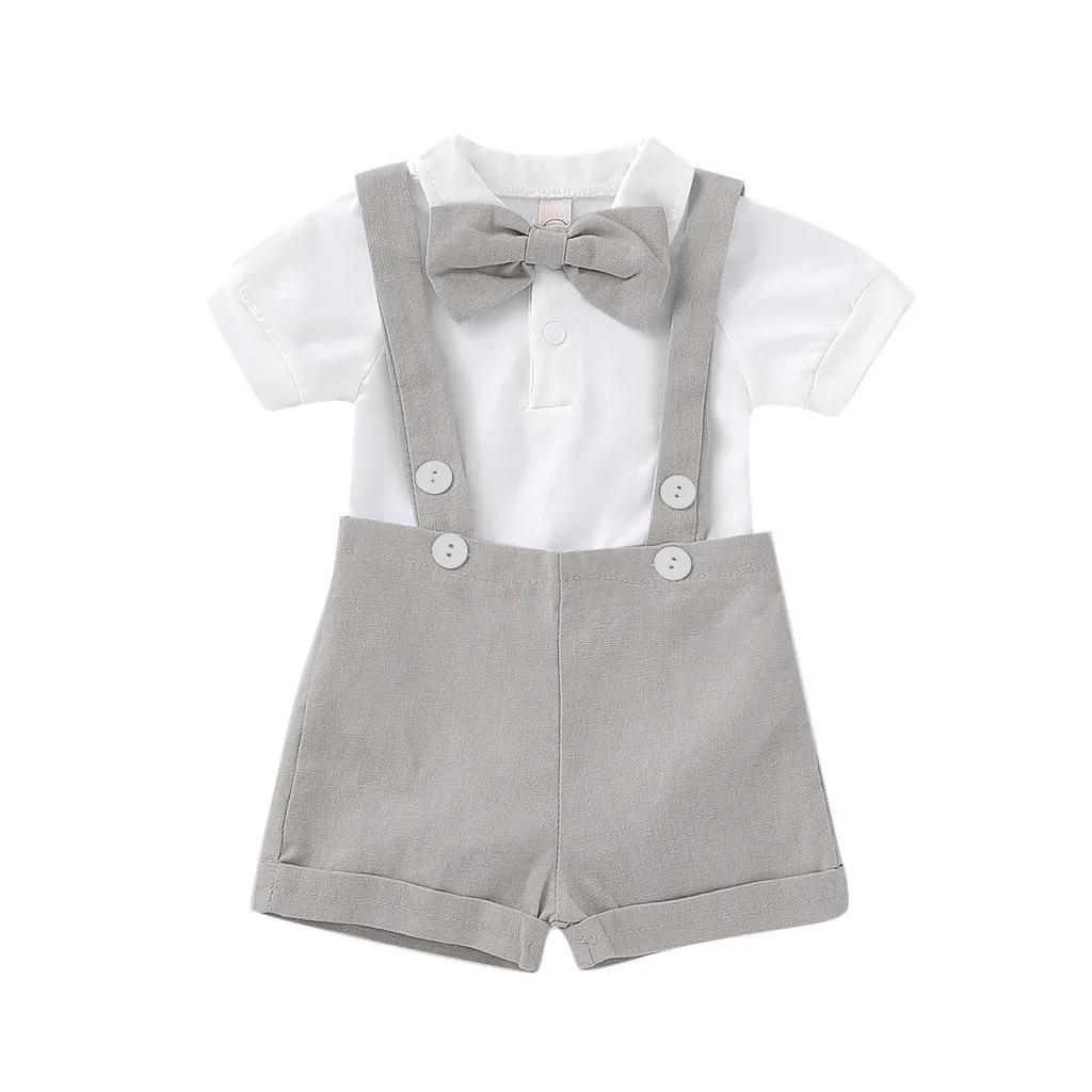 

ARLONEET Infant Baby Boys Gentleman party suit bow tie short sleeve set Solid Romper Suspenders Strap Shorts Outfits Set g0509