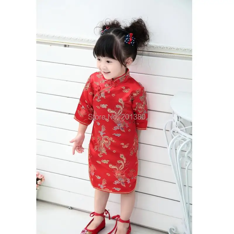 Qipao Three Quarter Baby Girl Summer Dress kid clothes Floral Cheongsams Gift New Year Traditional Chinese Clothing
