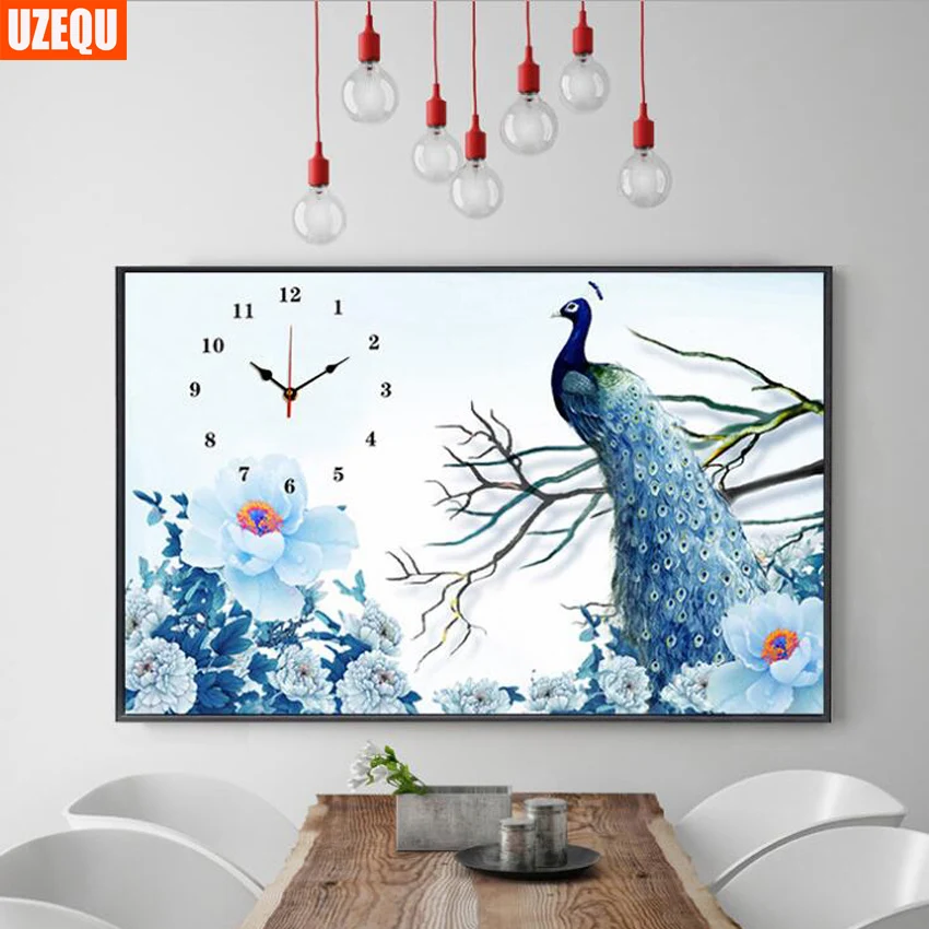 

UzeQu Full Diamond Embroidery Wall Clock 5D DIY Diamond Painting Cross Stitch Flower Peacock Watch Mosaic Painting Rhinestones