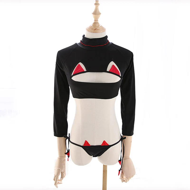 

Sexy Women Cat Ears Hollow Out Chest Long Sleeve Swimwear Bikini Set Devil Cosplay Swimsuit Sukumizu Side Tie Close Panties