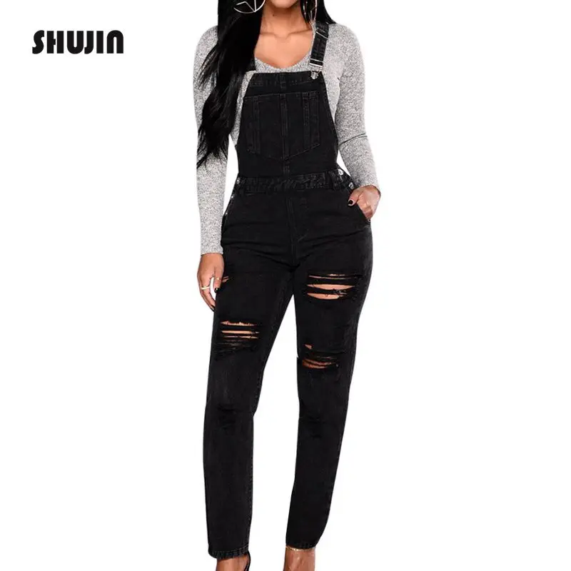 

SHUJIN 2018 Fashion Women Jumpsuit Black Denim Overalls 2018 Spring Strap Hole Ripped Long Jeans Bodysuit Plus Size Jumpsuit