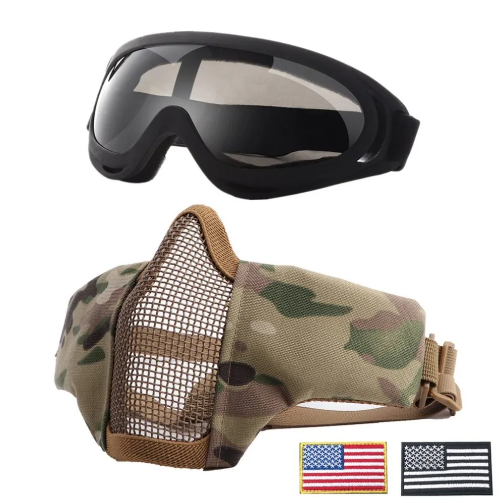 

Fashionable Airsoft Masks Half Metal Steel Mesh Face Mask And UV400 Goggles+Armband Set For Tactical Hunting Paintball