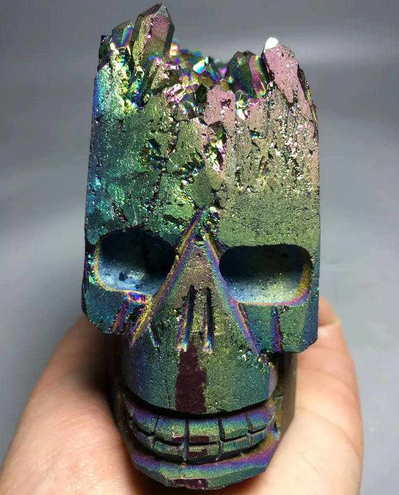 

722g Purple &Blue Aura Natural Carving Skull Titanium Silicon Rainbow CRYSTAL healing crystals