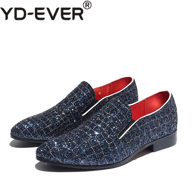 

Fashion Grids Pattern Leather Loafers Shining Sequins Formal Dress Shoes Big Size Mens Wedding Party Shoes 2019 New