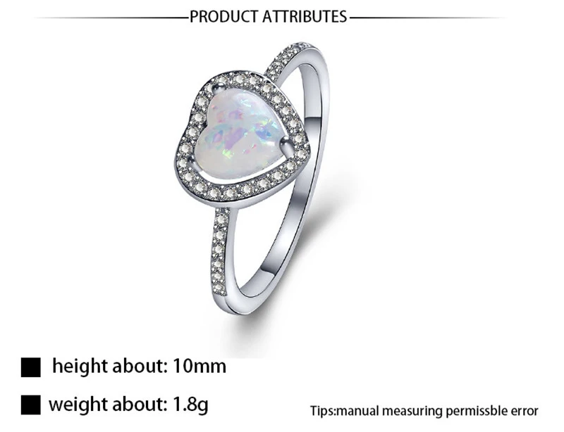 Vintage Love Heart Shaped Ring White Fire Opal Wedding Rings for Women Silver Color anillos mujer Finger Ring bague femme dm142 (4)