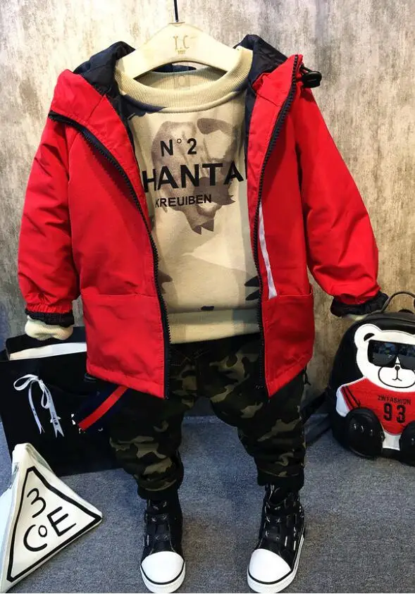 

winter Boy Clothing Set boys Plush jacket + plush sweater + camouflage panta 3pcs kids clothes set Toddler boys Sport Suits 2-6Y