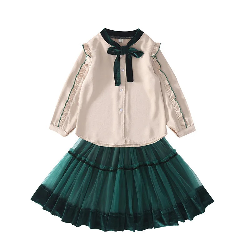 Комплект одежды для девочек-подростков, детская одежда, рубашка с оборками, костюм с юбкой из сетчатой ткани, Детский костюм, осень, наряды для девочек 6, 8, 10, 12 лет - Цвет: Зеленый
