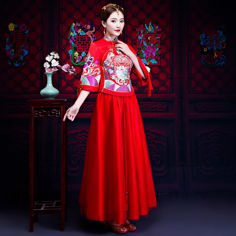

Red traditional Chinese style Bride wedding Dresses Embroidery cheongsam gown robe Party evening dress marry Qipao Vestido S-3XL
