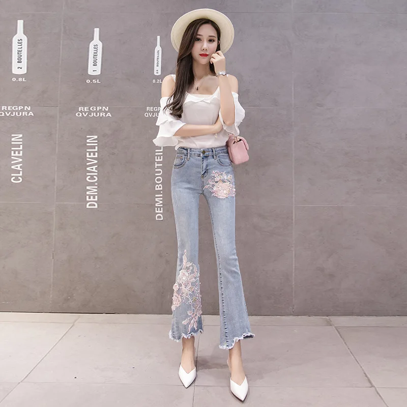 Yuxinfeng Осенние новые модные джинсы женские Цветочные Вышивка бисером Синие джинсы с кисточками расклешённые джинсовые брюки