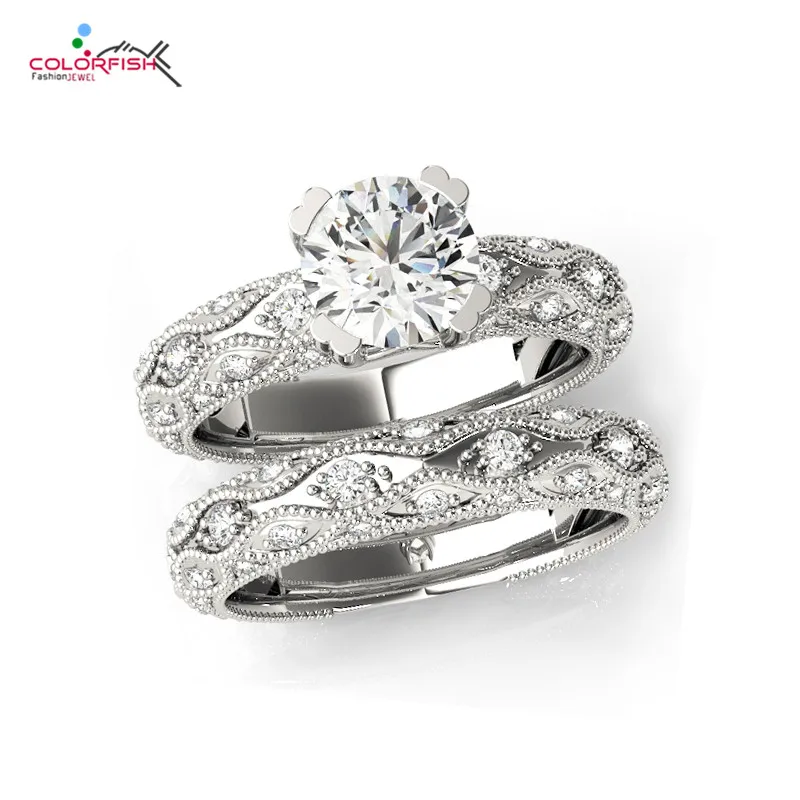 

COLORFISH 1 Carat 2Pcs Solid 925 Sterling Silver Wedding Ring Sets Engagement Band Gift Jewelry For Women Size 5 6 7 8 9 10