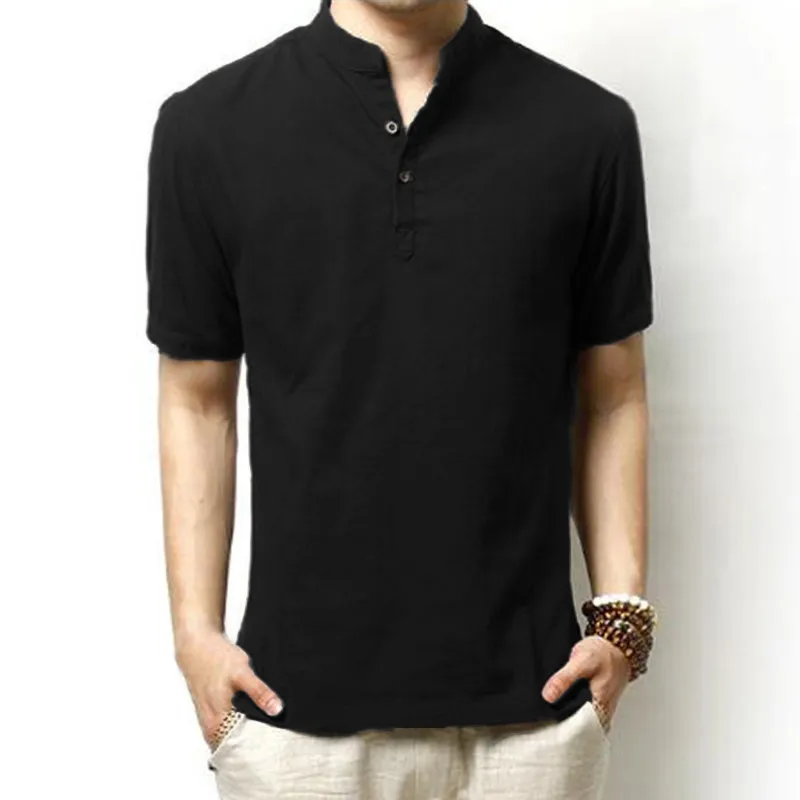 Vintage Cotton Linen Men's Shirt Fashion Henley Collar Solid Short