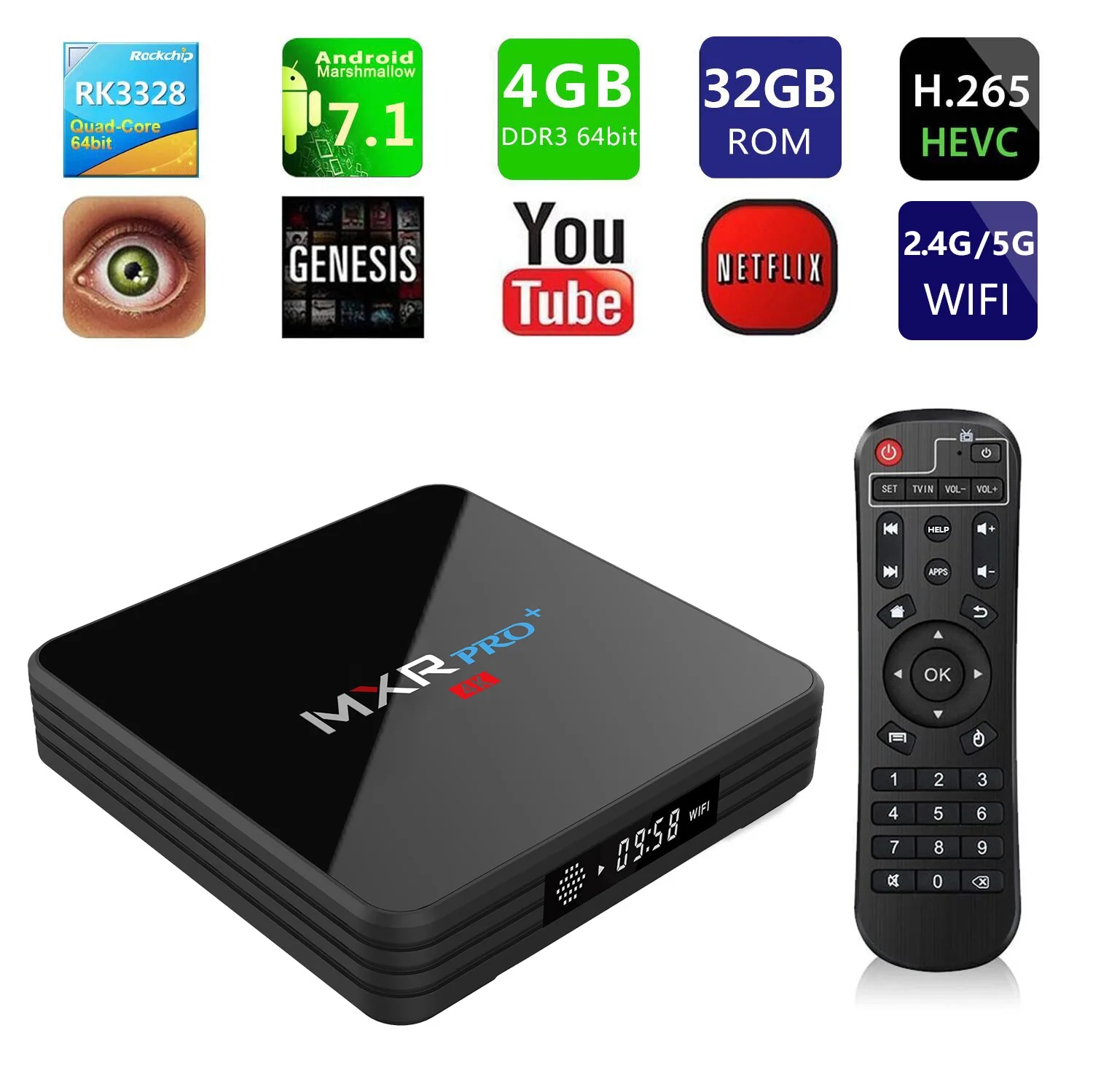 

MXR PRO PLUS Android 7.1 4GB RAM 32GB ROM Smart 4K TV Box RK3328 Quad Core Digital Display 2.4G/5G Wifi BT4.0 USB3.0 H.265 HDR10