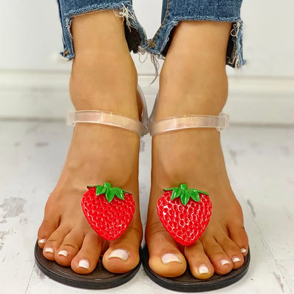 Новые женские летние Нескользящие сандалии на платформе Модные прозрачные сандалии с фруктовым узором плоский сандалии пляж обувь милые сандалии