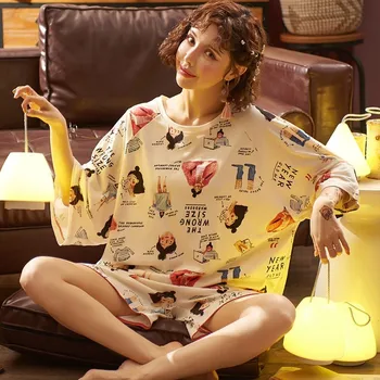 

iClosam 2 Pieces Summer 100% Cotton Pajamas Set Short Sleeve Womens Printed Sleepwear Suit Female Letter Pyjamas Loungewear