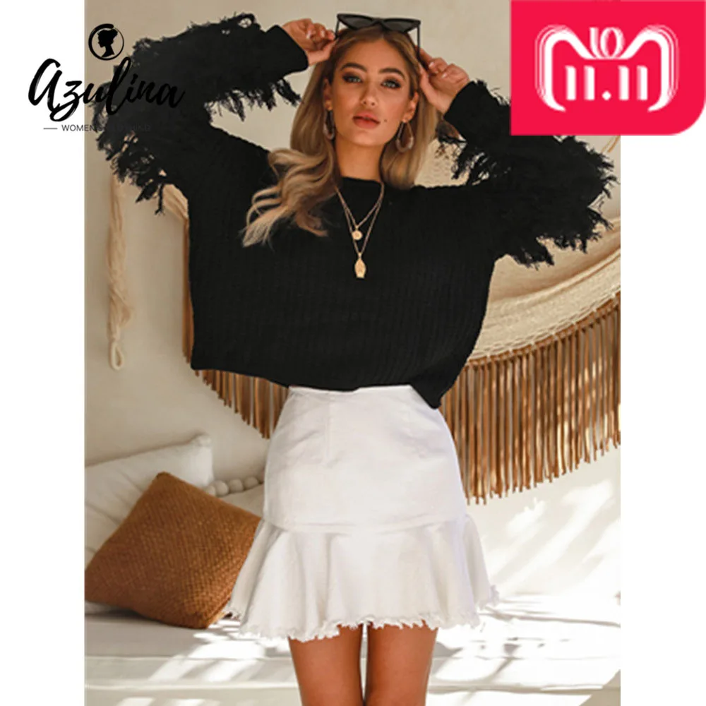 AZULINA Autumn Winter Women Pullover Sweater Round Collar Long Sleeve Fringed Solid Color Loose Sweaters Jumpers Ladies Clothes | Женская