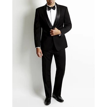 

Center Vent Groomsmen Shawl Satin Lapel Groom Tuxedos Black Mens Suits Wedding Best Men Suit (Jacket+Pants+Tie+Hankerchief)