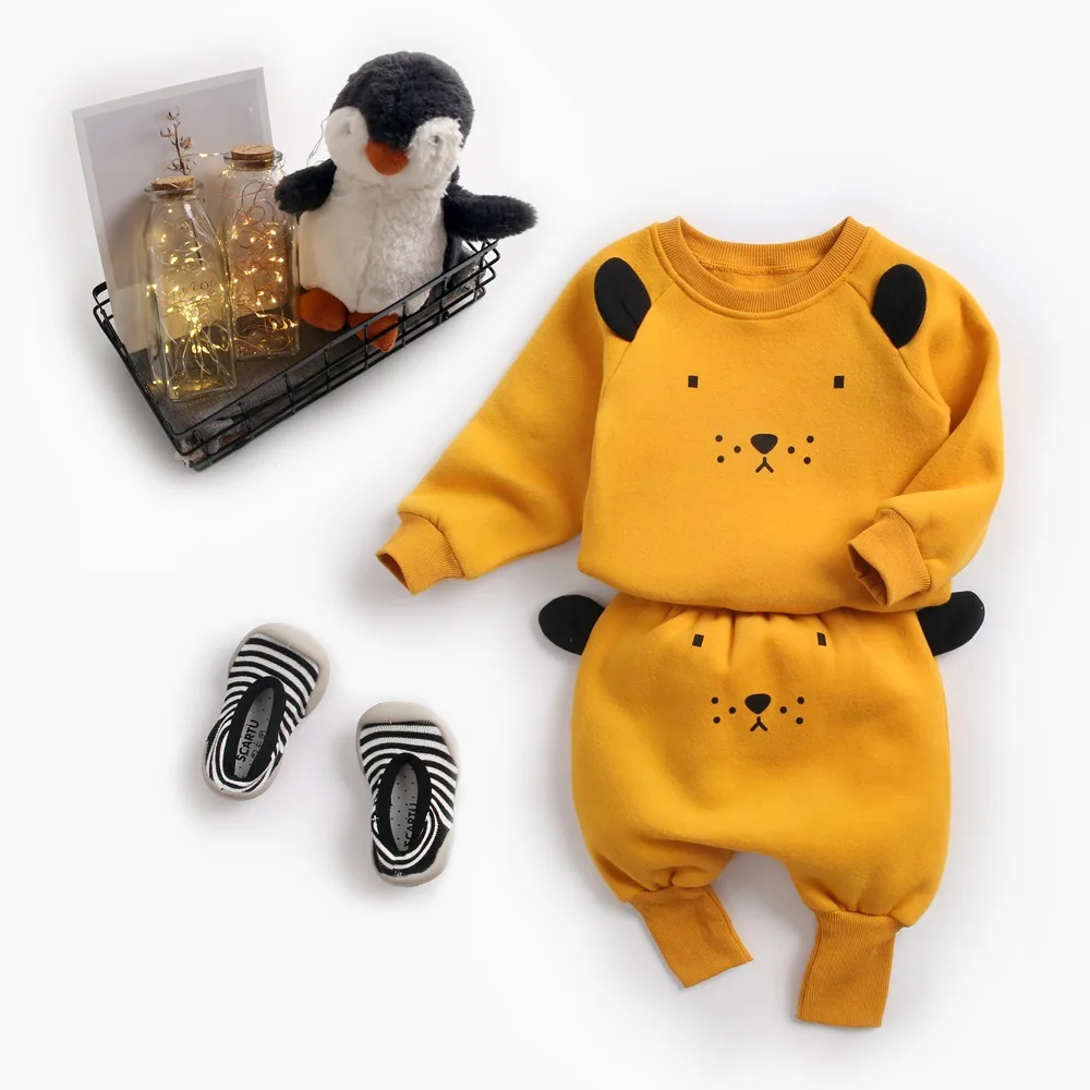 Весенне-осенние комплекты одежды для малышей комплект из 2 предметов, пуловер+ штаны костюм с милыми животными Теплая Флисовая одежда для маленьких девочек и мальчиков