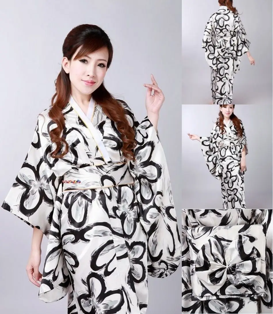Japanese Women's Silk Satin Kimono Yukata Evening Dress Haori Kimono