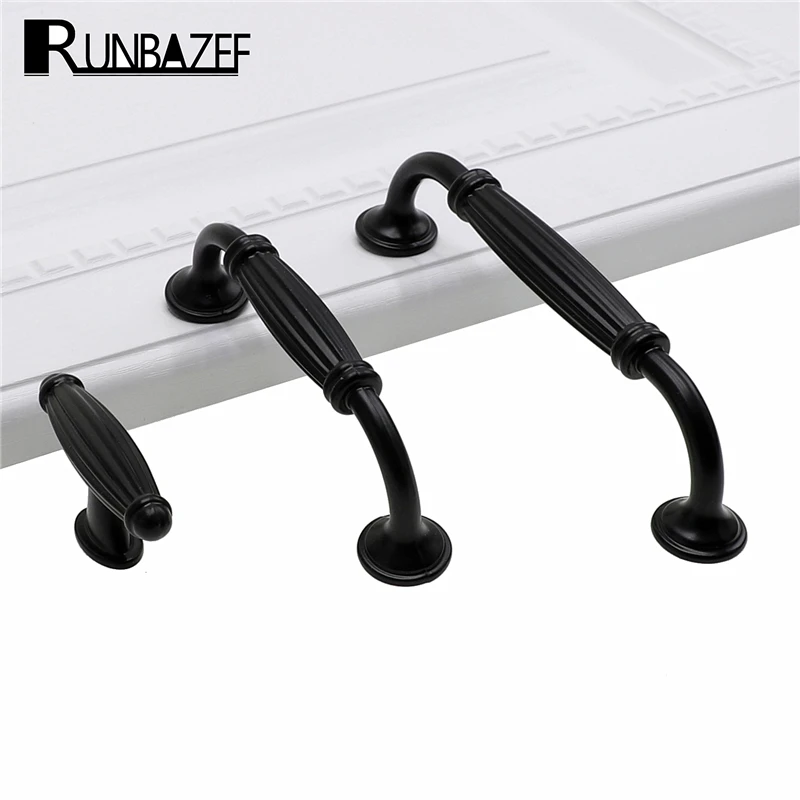 

RUNBAZEF Durable Black Aluminum Alloy Door Handle Kitchen Cupboard Cabinet Drawer Pull Knobs For Furniture Hardware With Screws