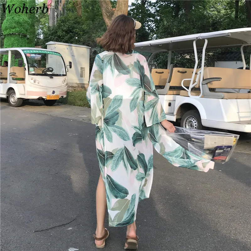 Woherb 2019 летняя длинная шифоновая блуза перспективное кимоно кардиган с принтом листьев Солнцезащитная пляжная одежда Kimonos Blusas 21737