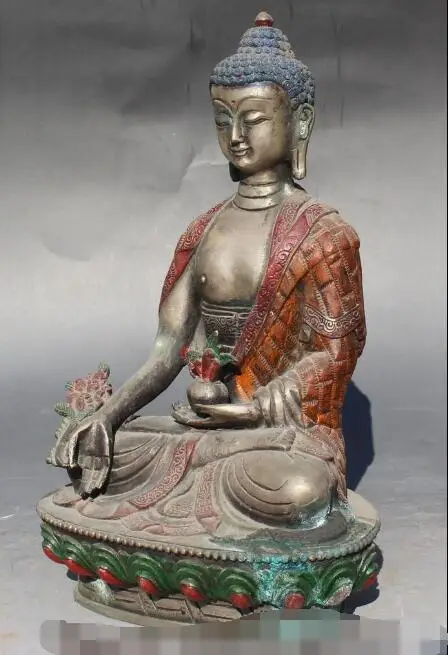 

S00122 11" Tibet Bronze Silver Painting Medicine Buddha Shakyamuni Sakyamuni Statue W