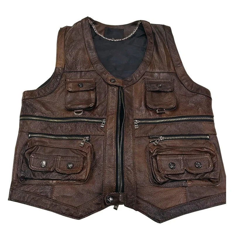 

2019 New Daddy Genuine Cow Leather Vest Mens Sleeveless Real Leather Vest Many Pockets Brown Motorcycle Jacket Male Waistcoat