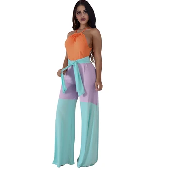 

2019 autumn new three-color mosaic jumpsuit casual women's hanging neck loose jumpsuit with belt