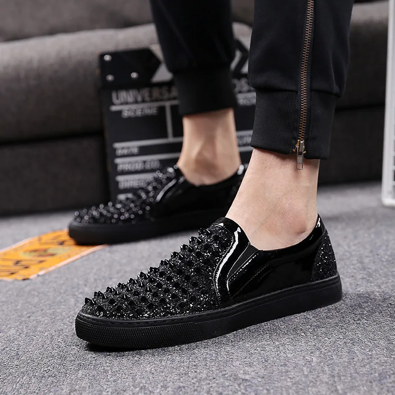 Luxury Brand Men loafers Black Diamond Rhinestones Spikes men shoes