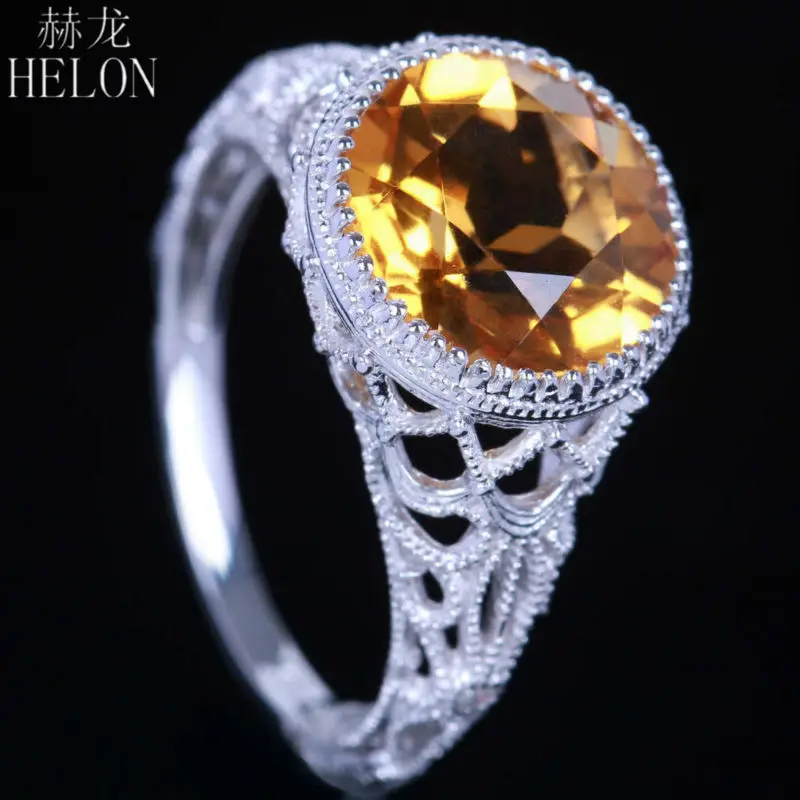 

HELON 10mm Round Shape Yellow Citrine Engagement Wedding Natural Diamond Art Deco Rings Setting Solid 10K White Gold