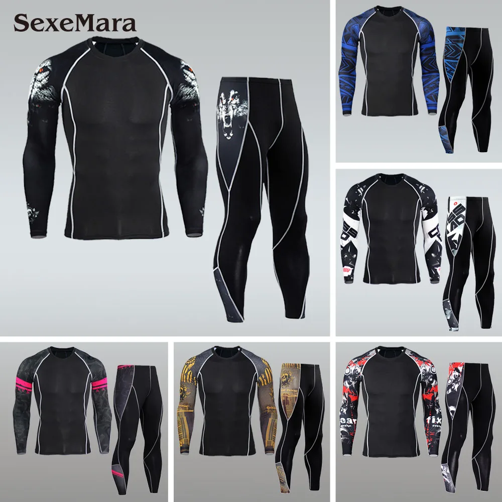 

2018 Fitness MMA Compression Shirt Men Rashguard Male Long Sleeve T-Shirt Crossfit Men's Skull Print 3D Bodybuilding sports Sets