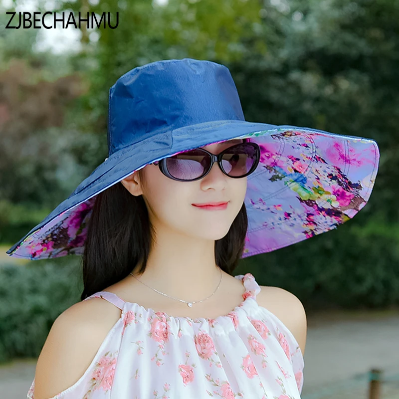 

New Fashion Vintage Elegant Floral Polyester Sun Hats For Women Girl Summer Caps Summer Large Beach Hat Flower printed wide brim