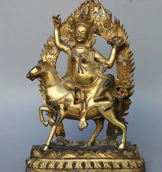 

12" Tibet Buddhism fane Bronze Gilt Ride Horse Palden Lhamo Deity Buddha Statue