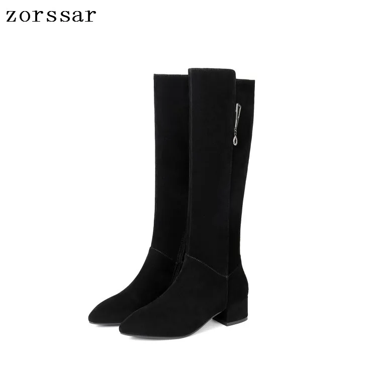 

{Zorssar} Cow Suede Leather High boots Women Knee High Boots High Heels Women Shoes Winter Boots Warm Fur Inside High Quality