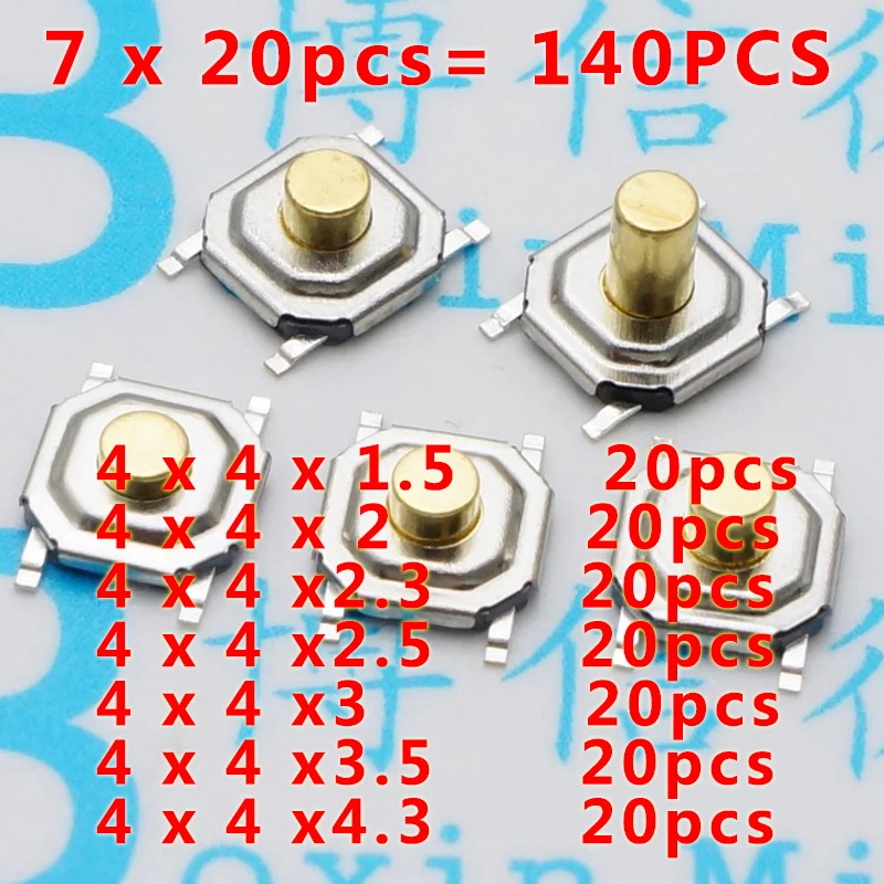 

140pcs 4 * 4 * 1.5 / 2 / 2.3 / 2.5 / 3 / 3.5 / 4.3 MM Mixed SMD button touch micro switch waterproof copper head 4 pin Sets Kit