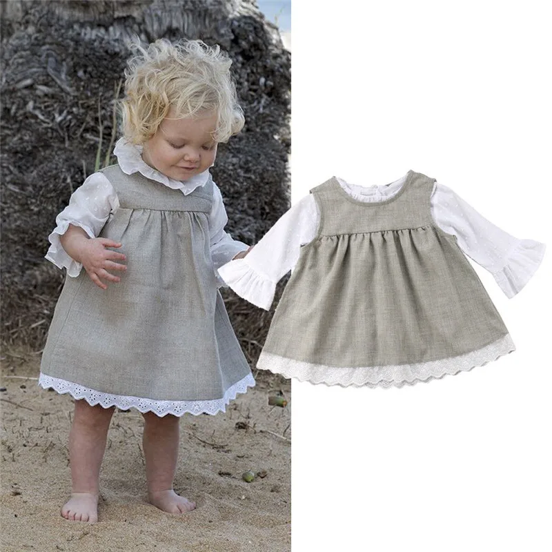 

Autumn Baby Girl Cute Princess Dress Cotton Linen Lace Long Sleeve Dress Bottoming Tops + Jacket Dresses 2 Pieces Clothing Set
