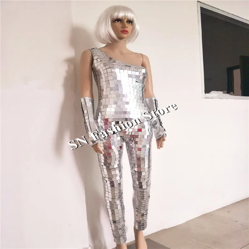 

DC105 Ballroom dance dj costumes silver mirror robot suit women sexy stage show wears disco bar club performance dresses party