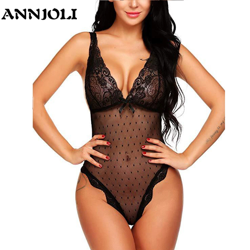 

ANNJOLI Lace Lingerie Sexy Teddies Bodysuit Erotic Women BackLess Spaghetti Strap Lace Underwear Sexy Costume Porno Nightwear